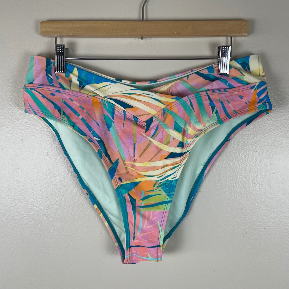 Cupshe Women's XL Swim Bottoms Multicolor Tropical Palm High Waist 80s
